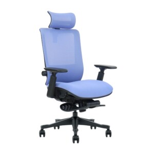 Executive working chair in black frame, blue mesh backrest, blue fabric, retractable footrest under seat, black nylon base with castors