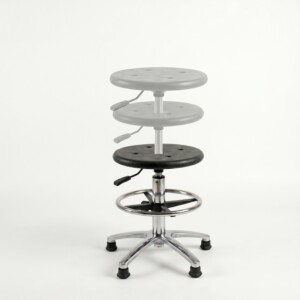 A studio shot of a modern, adjustable PU seat stool on a plain white background, featuring a polished chrome base with wheels and a foot ring.