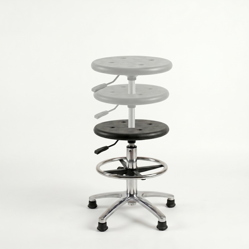 A studio shot of a modern, adjustable PU seat stool on a plain white background, featuring a polished chrome base with wheels and a foot ring.
