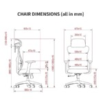Schematic diagram showing the full dimensions, adjustable height ranges, and width measurements of the Radius High Back Mesh office chair.