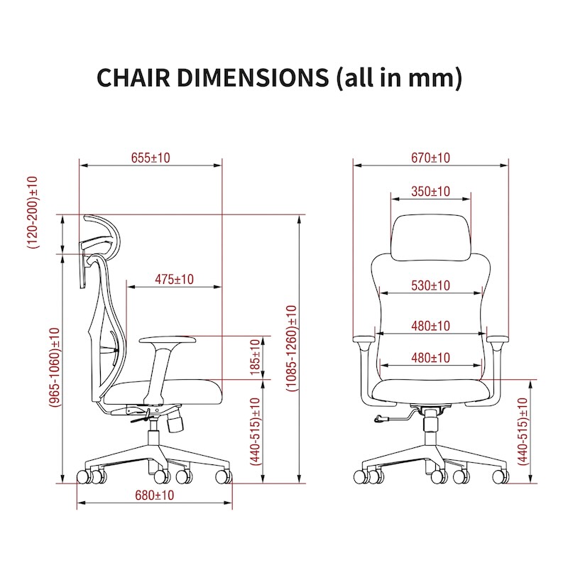 Schematic diagram showing the full dimensions, adjustable height ranges, and width measurements of the Radius High Back Mesh office chair.
