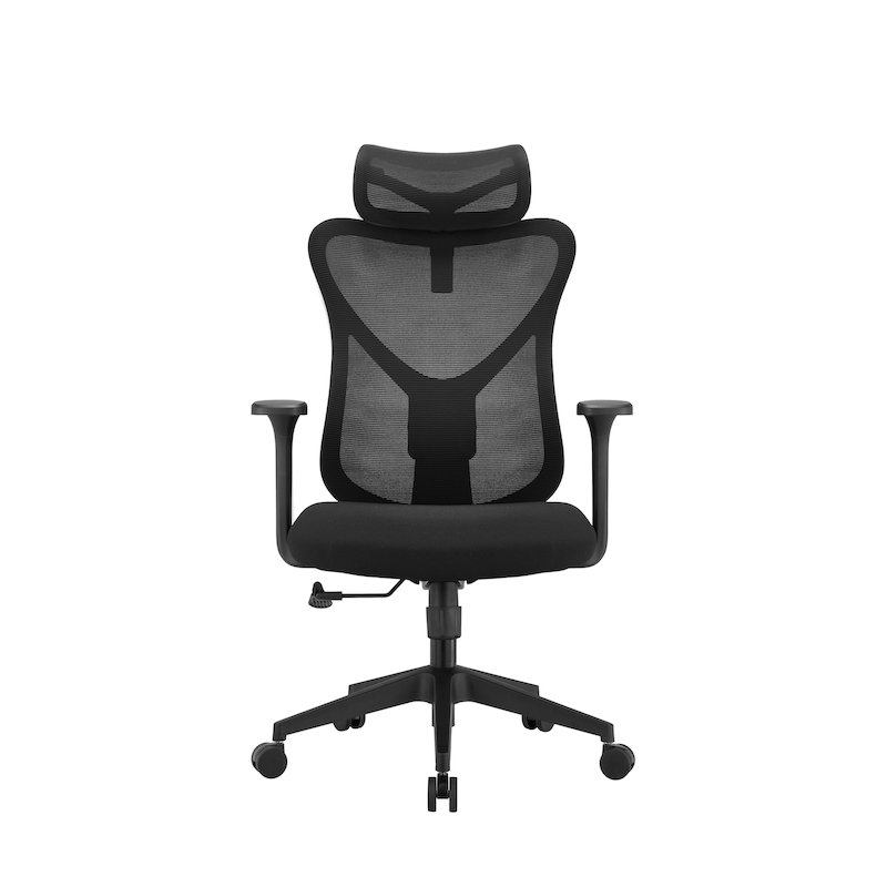 Front view of the Radius High Back ergonomic office chair, showcasing the breathable 4-way stretch fabric seat, adjustable 2D armrests, and contoured mesh backrest.