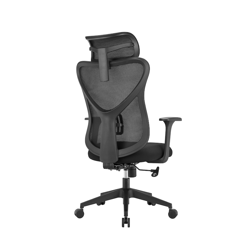 Rear view of the Radius High Back Mesh office chair, displaying the heavy-duty fiberglass-reinforced polypropylene back frame and the structural support of the adjustable 2D headrest.