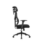 Side view of the Radius High Back Mesh office chair, demonstrating the ergonomic curve of the fiberglass-reinforced backrest, 2D headrest, and the synchronised tilt mechanism lever.