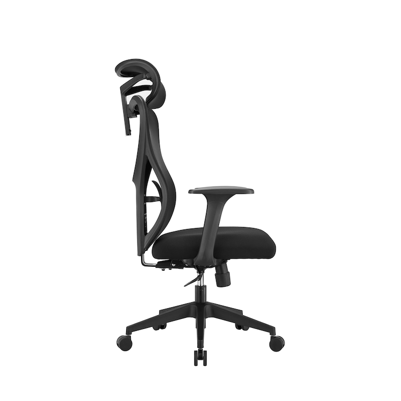 Side view of the Radius High Back Mesh office chair, demonstrating the ergonomic curve of the fiberglass-reinforced backrest, 2D headrest, and the synchronised tilt mechanism lever.