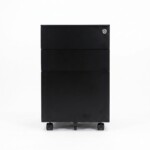Direct front view of the iSimply executive black steel mobile pedestal on a plain white background, featuring three drawers with chamfered handles and a secure central lock.