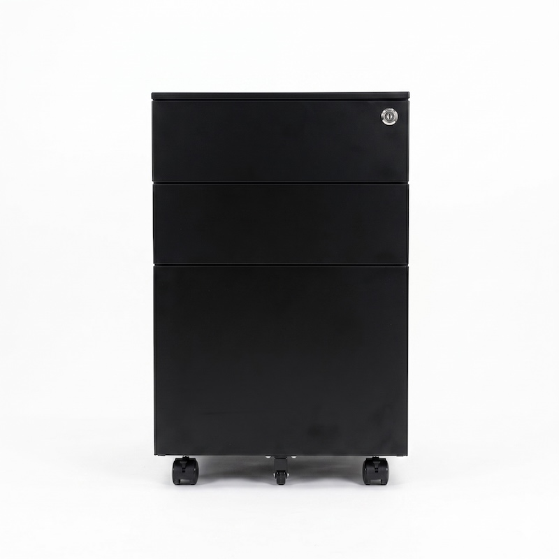 Direct front view of the iSimply executive black steel mobile pedestal on a plain white background, featuring three drawers with chamfered handles and a secure central lock.