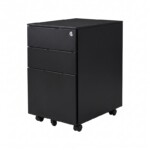 Front-side view of an iSimply executive black steel mobile pedestal featuring three drawers with chamfered handles, a top central lock, and five black swivel castors on a white background.