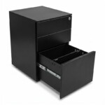 Plain white background shot of an iSimply black steel pedestal with the bottom filing drawer fully extended, showing the internal filing chassis and smooth ball-bearing runners.