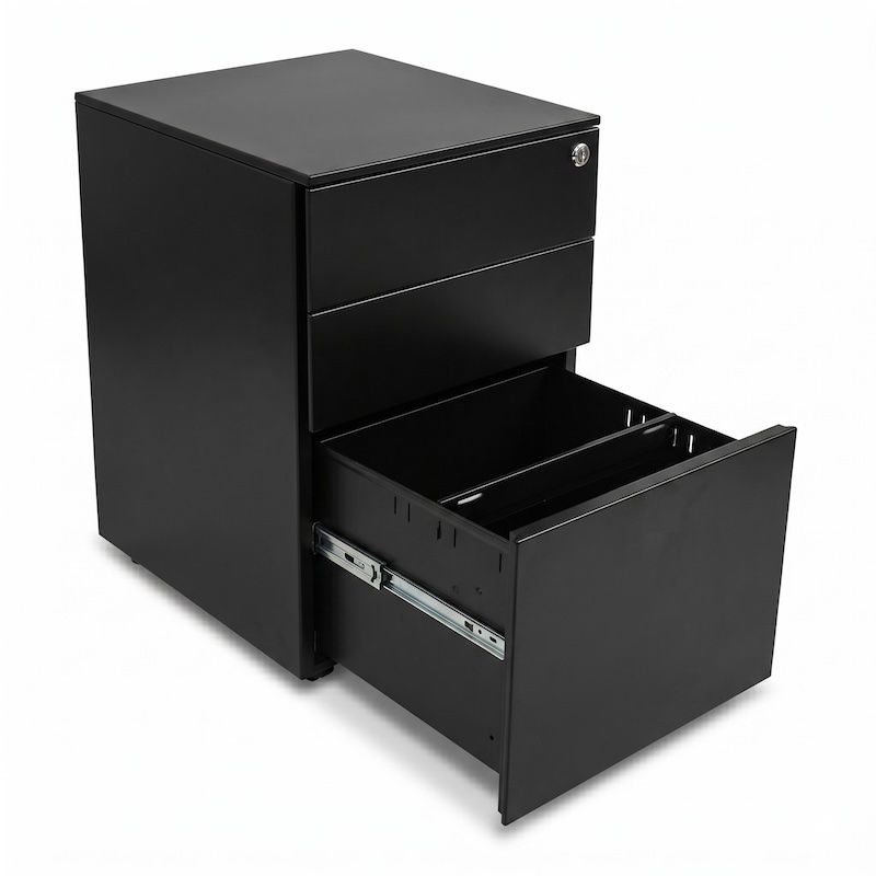 Plain white background shot of an iSimply black steel pedestal with the bottom filing drawer fully extended, showing the internal filing chassis and smooth ball-bearing runners.