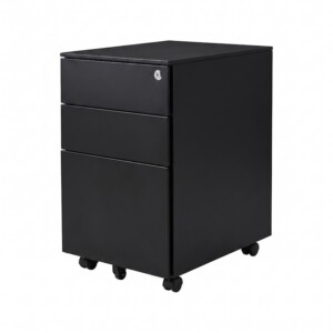 Front-side view of an iSimply executive black steel mobile pedestal featuring three drawers with chamfered handles, a top central lock, and five black swivel castors on a white background.