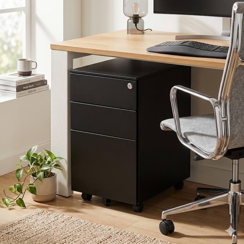 Lifestyle shot of an iSimply executive black steel mobile pedestal positioned neatly under a light wood office desk in a bright, modern home office setting with a grey office chair.