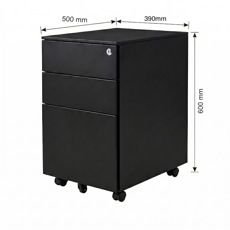 Technical dimension diagram of the iSimply executive black steel mobile pedestal, indicating a 390mm width, 500mm depth, and 600mm height on a clean white background.