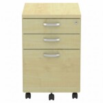 A direct front-on shot of the Full Maple Mobile Pedestal, showing the vertical alignment of the three drawers, the silver-toned curve handles, and the central lock located at the top right.