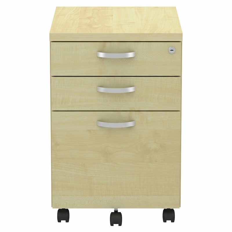A direct front-on shot of the Full Maple Mobile Pedestal, showing the vertical alignment of the three drawers, the silver-toned curve handles, and the central lock located at the top right.