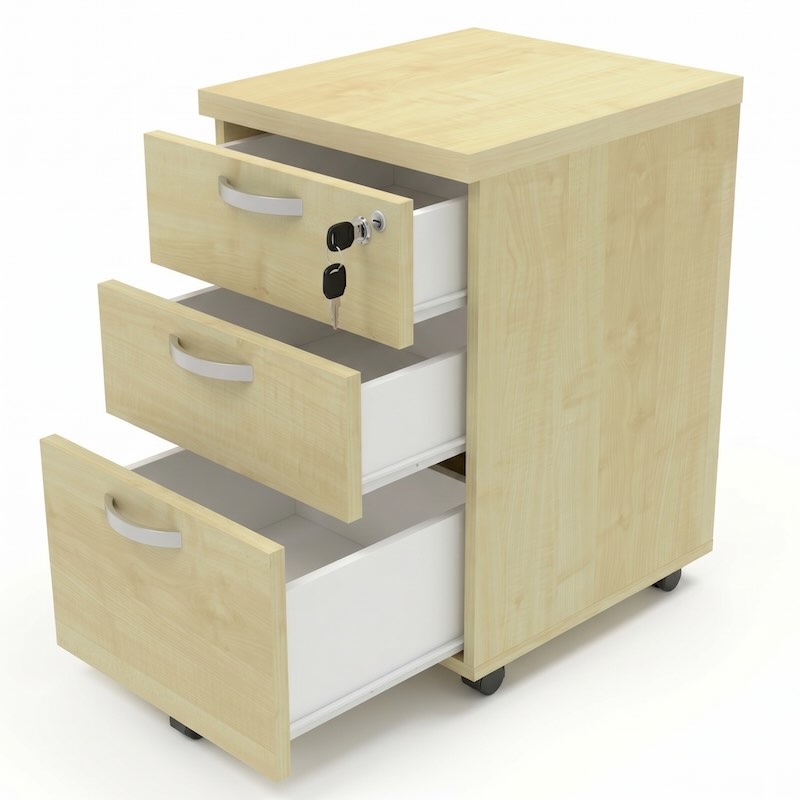 Three maple drawers pulled out in a stepped arrangement. The top two drawers show space for office supplies, while the larger bottom drawer is open to show its filing capacity.