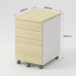Technical diagram showing the external measurements of the 3-drawer pedestal, including the height of the 5-castor base.
