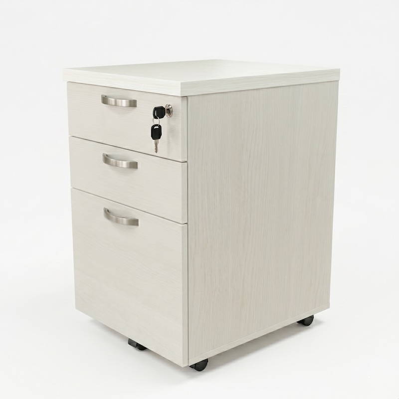 Three-quarter view of a Cherry wooden mobile pedestal showing woodgrain laminate, 3 drawers with curved handles, and 5 base castors.