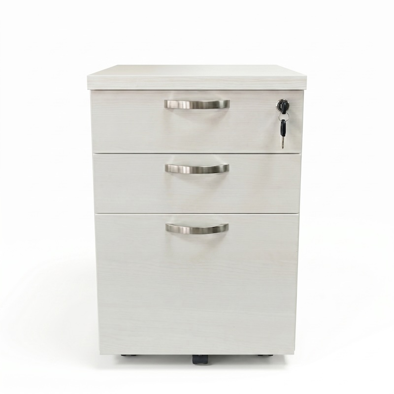 Front view of a light-toned wooden mobile pedestal with three drawers and silver handles on a white background.