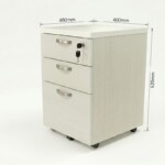 Front view of the wooden mobile pedestal with digital dimension overlays showing height, width, and depth in centimeters and inches.