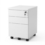 A minimalist white display pedestal shown from a three-quarter perspective, revealing both the flat front face and the sleek side profile against a soft-focus background.