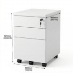 A technical diagram of the mobile pedestal showing height, width, and depth measurements with arrows indicating the exterior dimensions from the front and side.