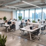 A bright, open office environment showcasing a collaborative dual-desk workstation setup among other office furniture.