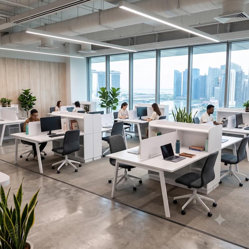 A bright, open office environment showcasing a collaborative dual-desk workstation setup among other office furniture.