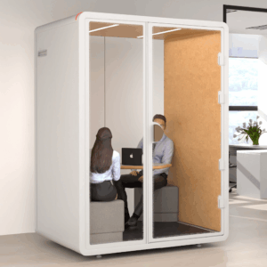 Two‑person acoustic office pod with soundproof walls and glass door for private meetings