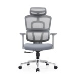Front view of the Aura PV Ergonomic Mesh Chair with height-adjustable headrest, 4D armrests, and foam seat.