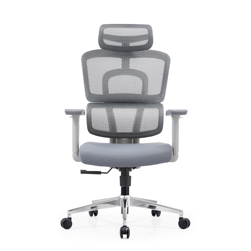 Front view of the Aura PV Ergonomic Mesh Chair with height-adjustable headrest, 4D armrests, and foam seat.