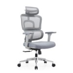 45-degree hero view of the Aura PV Ergonomic Mesh Chair in Grey, featuring a split-back glass fibre frame, 4D armrests, and adaptive lumbar support.