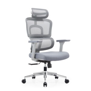 45-degree hero view of the Aura PV Ergonomic Mesh Chair in Grey, featuring a split-back glass fibre frame, 4D armrests, and adaptive lumbar support.