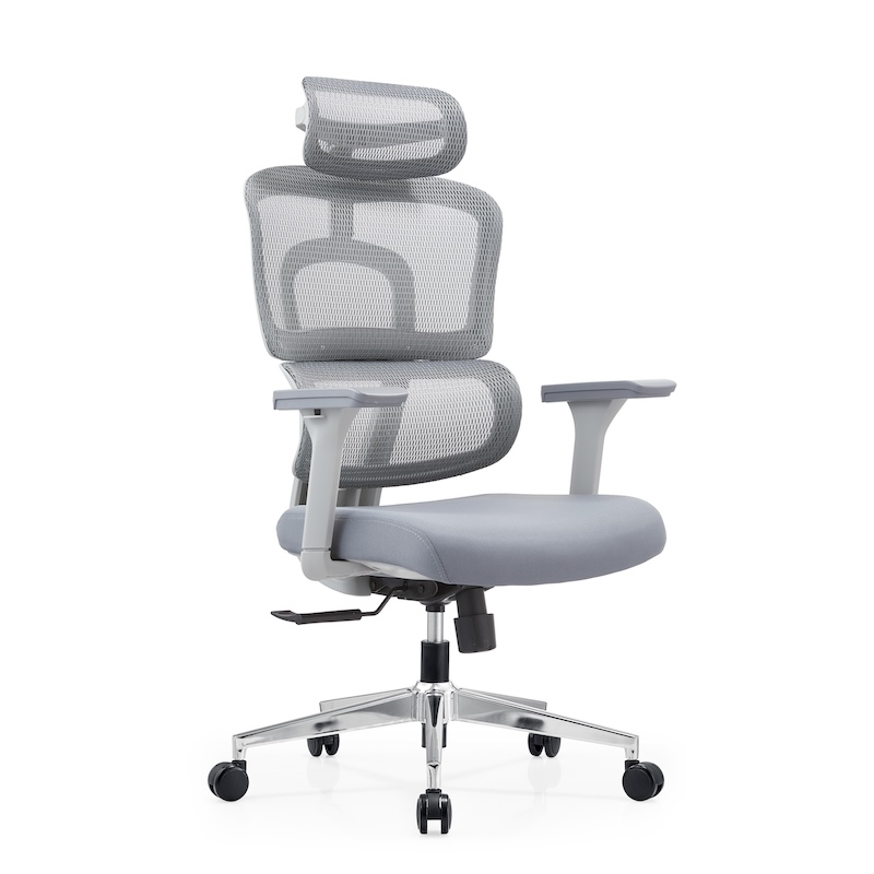45-degree hero view of the Aura PV Ergonomic Mesh Chair in Grey, featuring a split-back glass fibre frame, 4D armrests, and adaptive lumbar support.