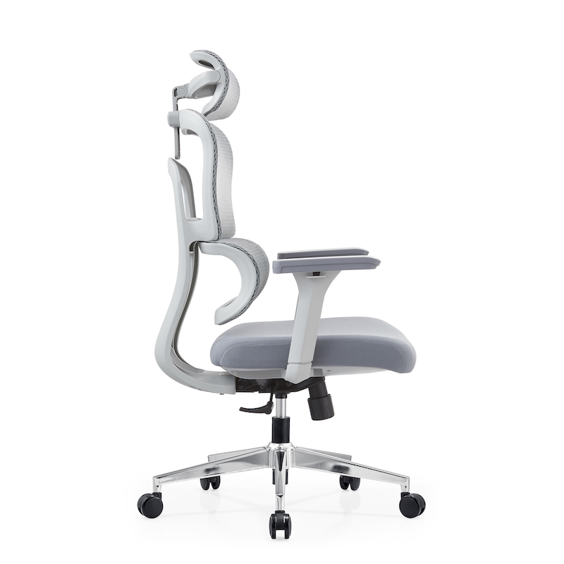 Side profile of the Aura PV Ergonomic Mesh Chair highlighting the self-adaptive lumbar support and 3-position locking tilt mechanism.