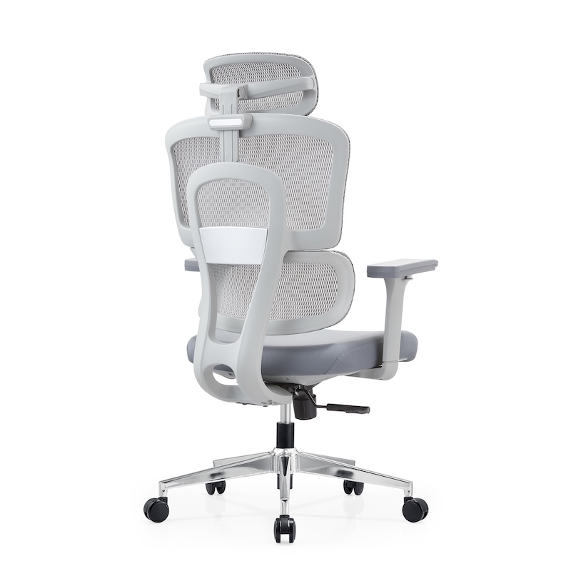> 45-degree rear perspective of the Aura PV Ergonomic Mesh Chair showing the reinforced glass fibre split-back frame and adaptive lumbar support.