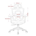 Dimensional diagram of the Aura Ergonomic Mesh Chair front view, showing seat width, headrest height, and 4D armrest range.
