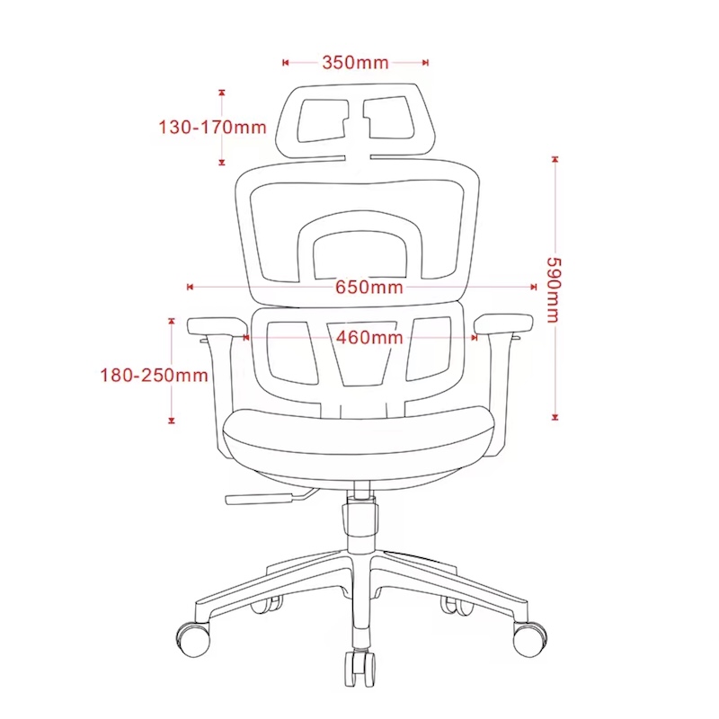 Dimensional diagram of the Aura Ergonomic Mesh Chair front view, showing seat width, headrest height, and 4D armrest range.