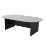 oblong conference table in light grey surface, dark grey base, comfortable seats 8 pax