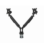 Flexispot dual monitor arm fully extended showing symmetrical gas-spring arm movement.