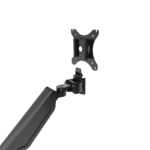 Detachable VESA plate on Flexispot dual monitor arm for easy screen mounting and quick-release installation.