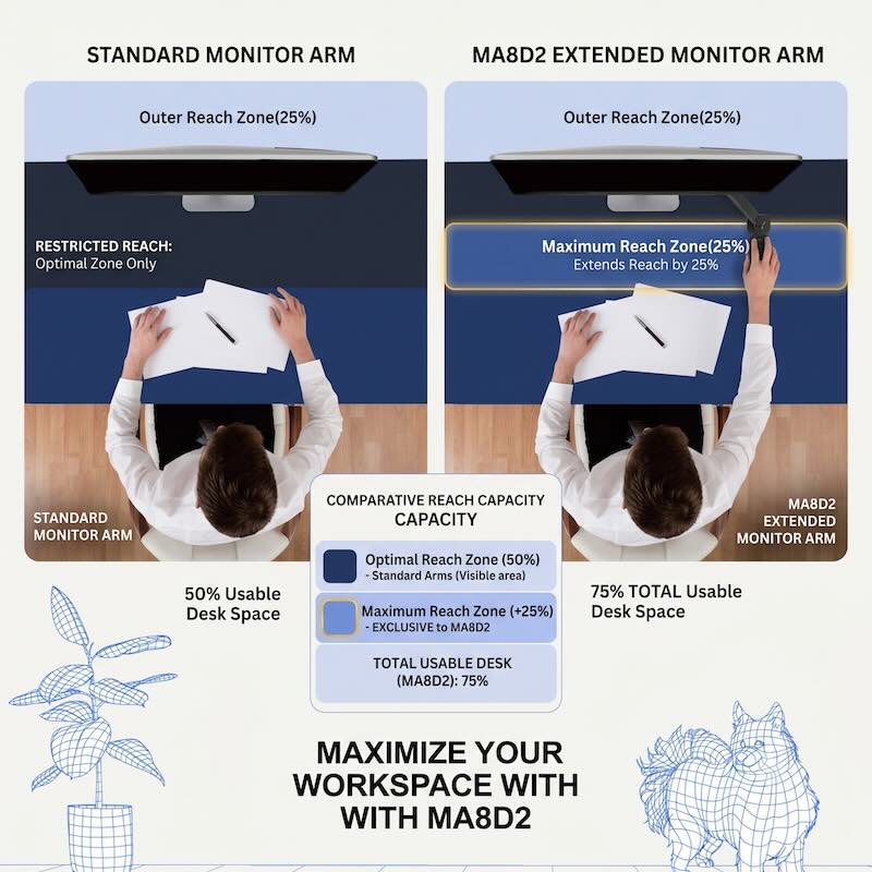 A side-by-side comparison showing a standard monitor arm pushing the screen too far forward, versus the FlexiSpot single monitor arm keeping the screen tucked closer to the back of the desk for a wider viewing distance.