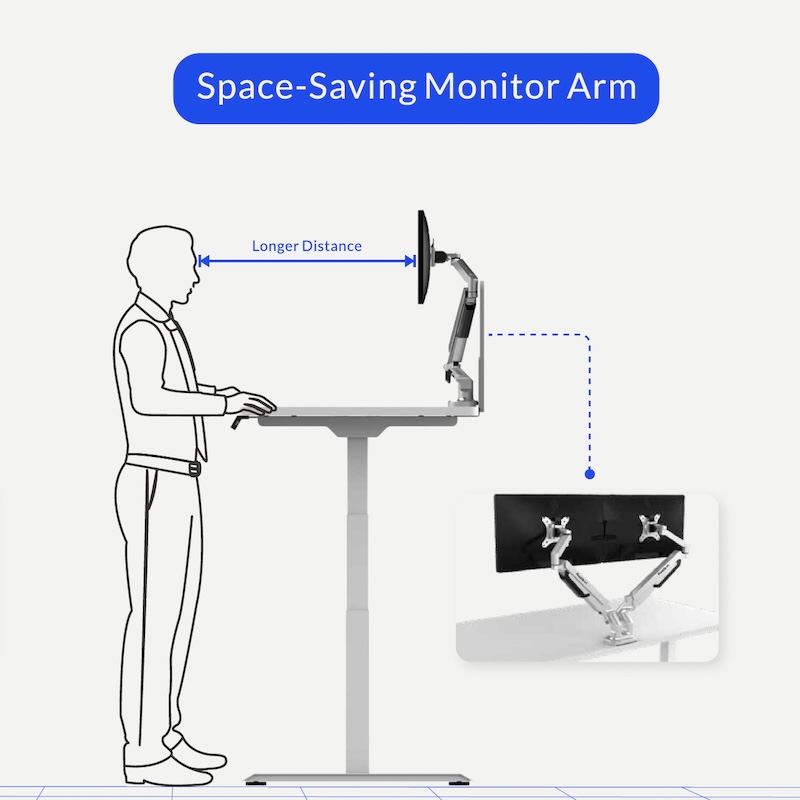 A user working comfortably at a desk with a FlexiSpot single monitor arm pushed toward the back edge, demonstrating a healthy, wider viewing distance between the eyes and the screen.