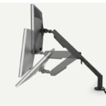 Flexispot dual monitor arm showing adjustable swivel and tilt angles for personalized ergonomic screen positioning.