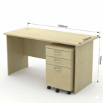 Labeled dimensions diagram of 1.5m Full Maple rectangular office desk with fixed pedestal, showing length, depth, and height measurements.