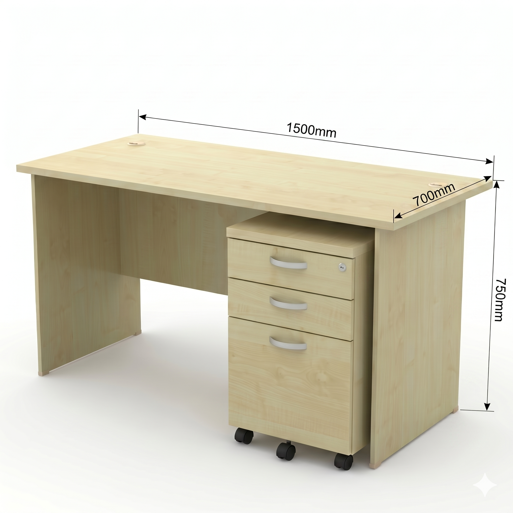Labeled dimensions diagram of 1.5m Full Maple rectangular office desk with fixed pedestal, showing length, depth, and height measurements.