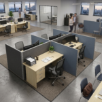 Modern office setup featuring a 1.5m Full Maple rectangular desk with a 3 drawers fixed pedestal and a desk-to-desk privacy partition divider screen.