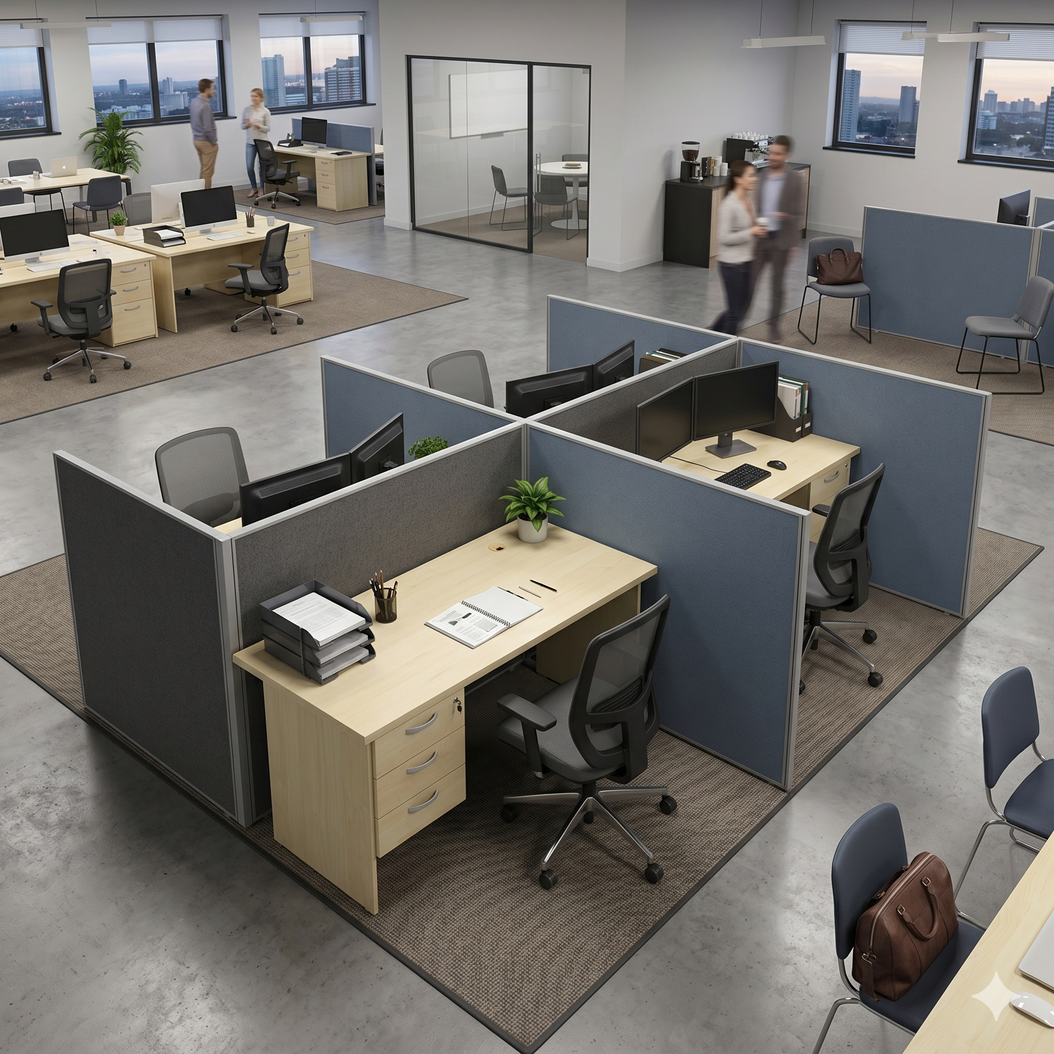 Modern office setup featuring a 1.5m Full Maple rectangular desk with a 3 drawers fixed pedestal and a desk-to-desk privacy partition divider screen.
