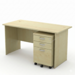 Modern office room setting featuring a 1.5m Full Maple rectangular desk with a 2 drawers and 1 filing mobile pedestal.