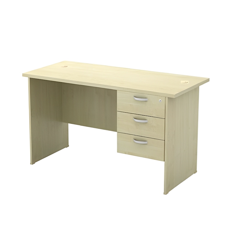 Full Maple rectangular office desk 1.5m with 3 drawers fixed pedestal, showing the front and side angle view.